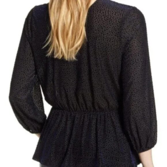 Halogen Flocked 3/4 Sleeve Peplum Top Navy Oval - Picture 4 of 16